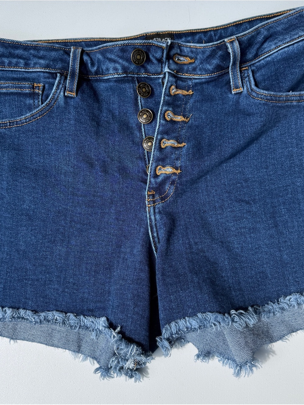 Just Black Dark Blue Button-Fly Frayed Hem Denim Shorts